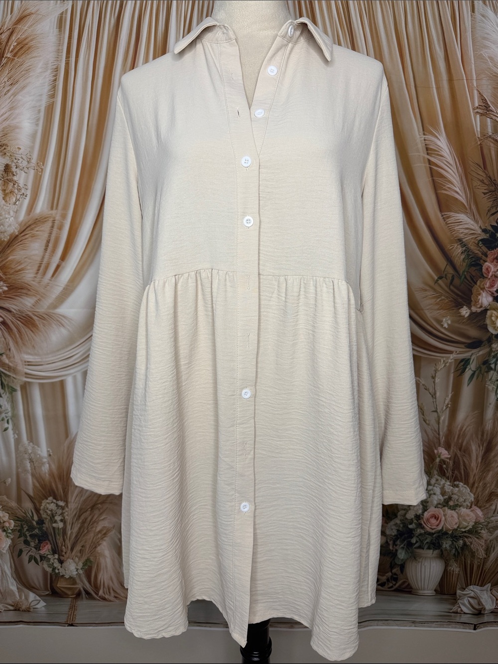 SHEIN Cream Long-Sleeve Button-Front Shirt Dress